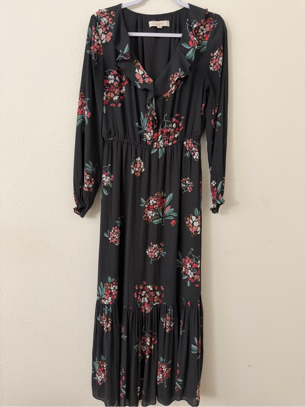 LOFT Ann Taylor Black Floral Ruffle V-Neck Long-Sleeve Maxi Dress